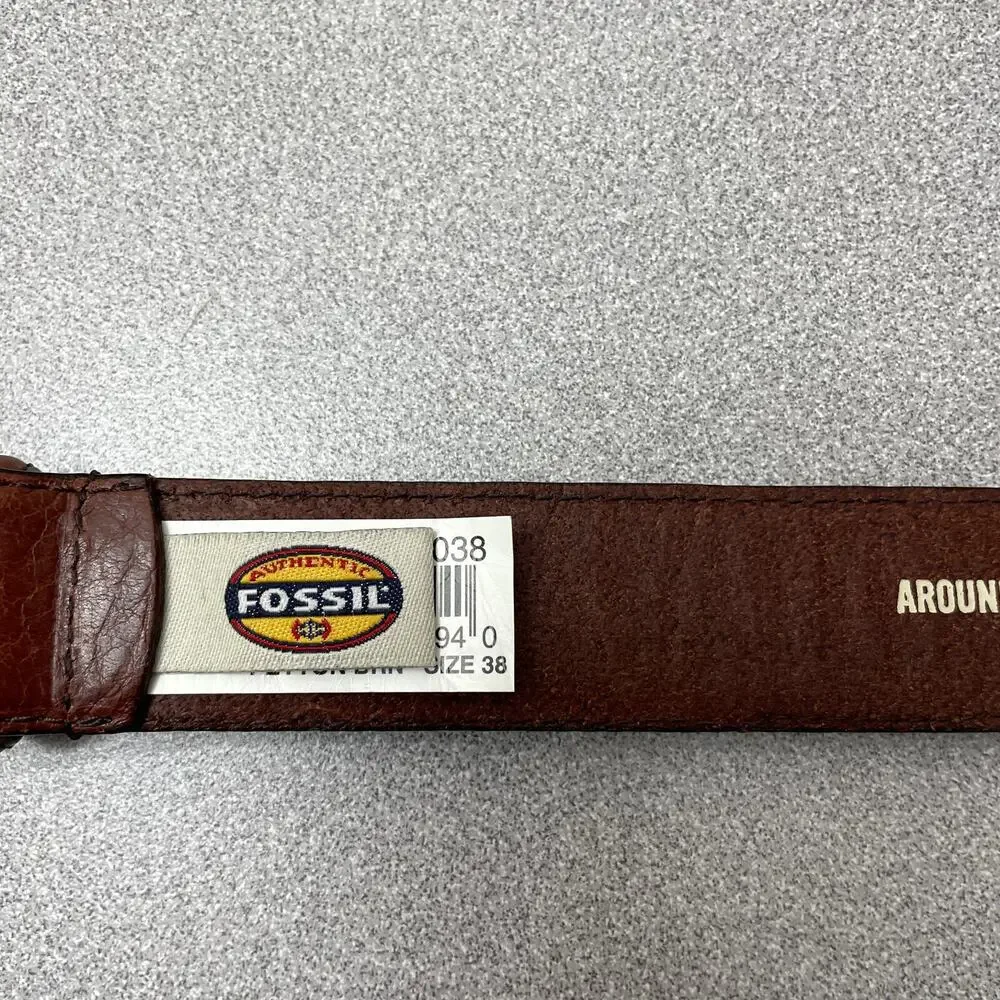 Fossil Brown Leather Belt Mens 38 Silver Buckle Woven 1.25